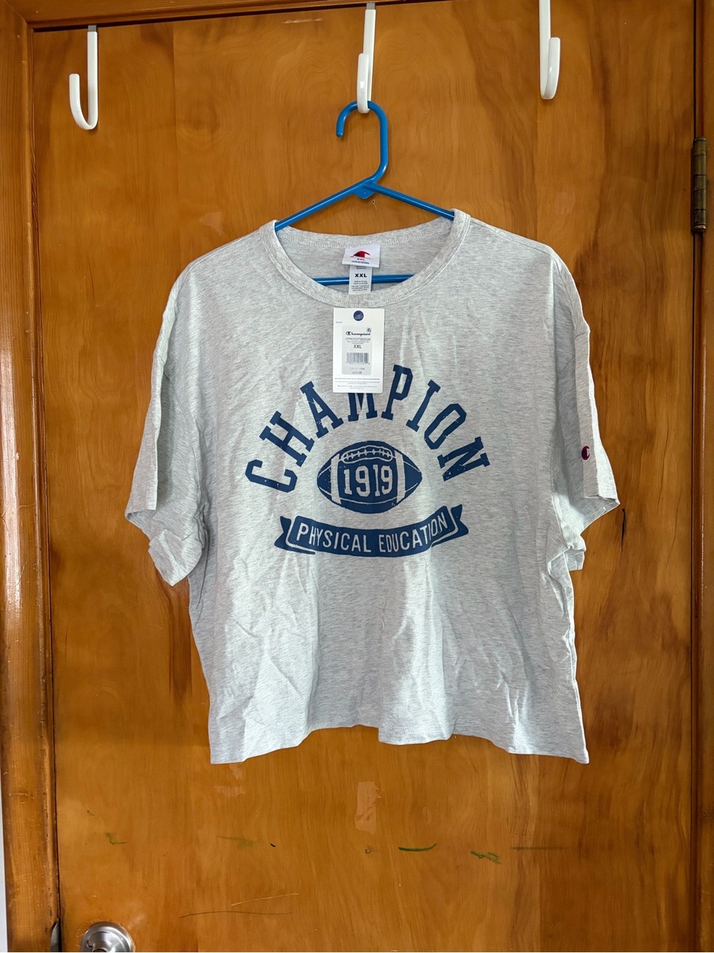 Champion Light Gray Short-Sleeve Tee with Navy Graphic